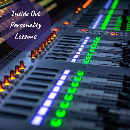 Colorful lighted sound mixing board with the text Inside Out Personality Lessons