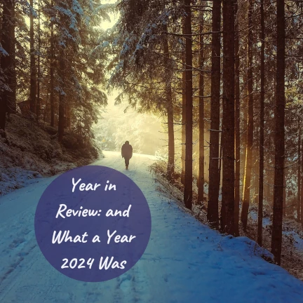 Person walking away in a snowy forest with the text Year in Review: and What a Year 2024 Was