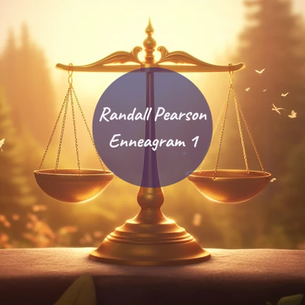 Balanced old-fashioned scale in a gold glowing light with the text Randall Pearson Enneagram 1