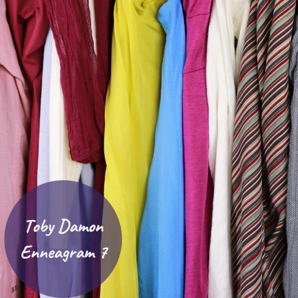 A row of brightly colored hanging shirts with the text Toby Damon Enneagram 7